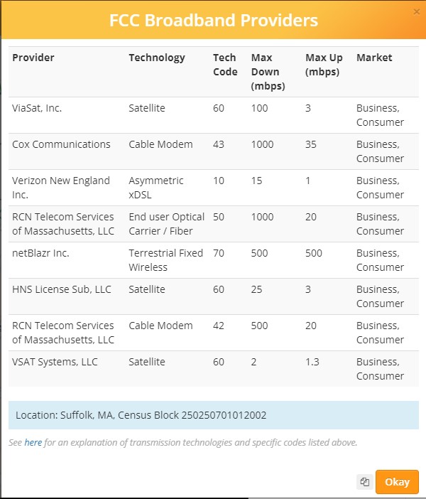 FCC 477 Data popup window details in FiberLocator