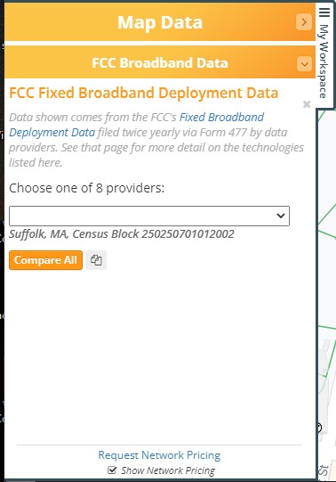 FCC Broadband Data panel in FiberLocator